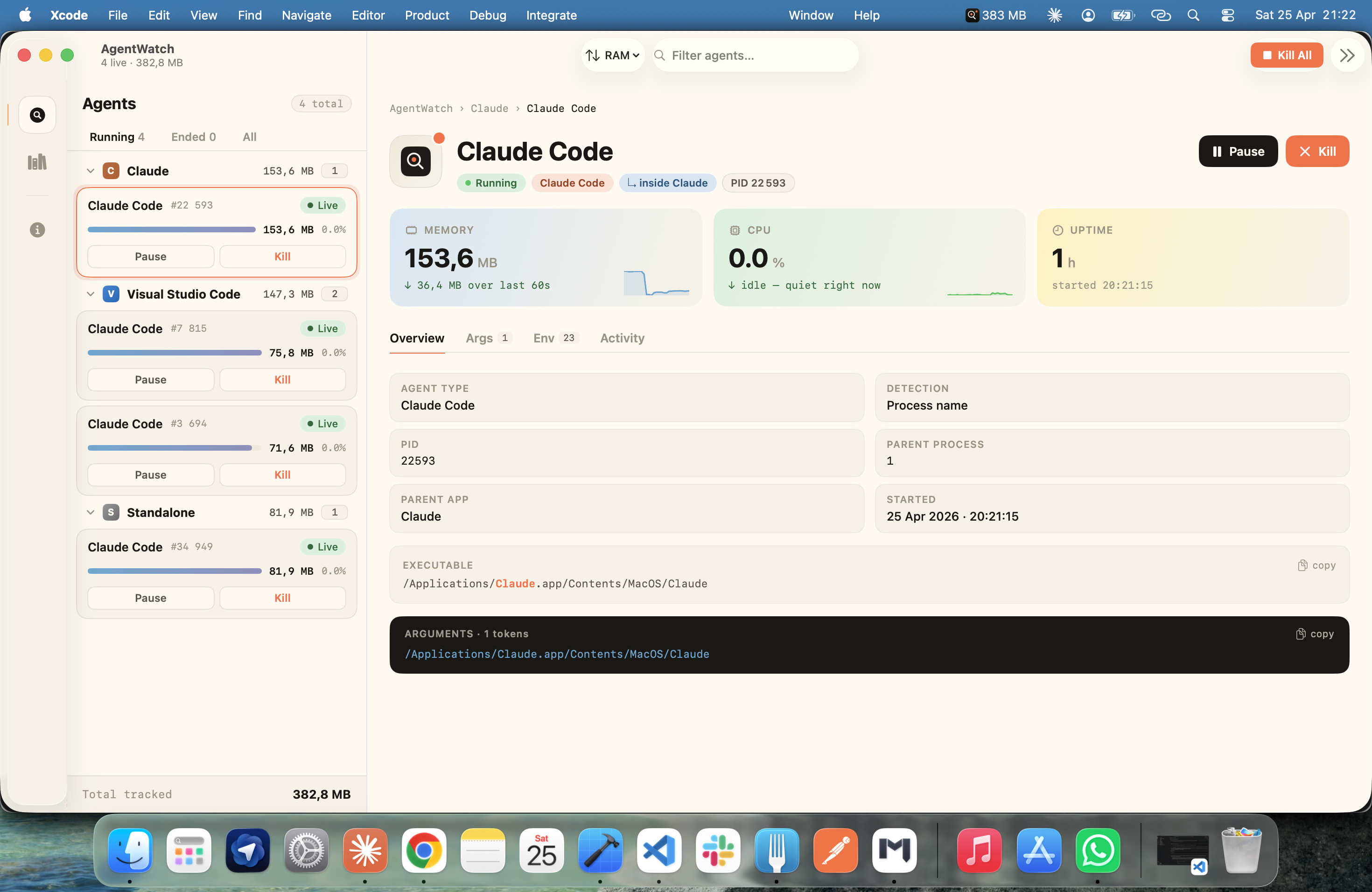 AgentWatch v1.0.2 main window — sidebar of grouped AI agents on the left, Claude Code detail pane on the right showing memory / CPU / uptime sparkline tiles